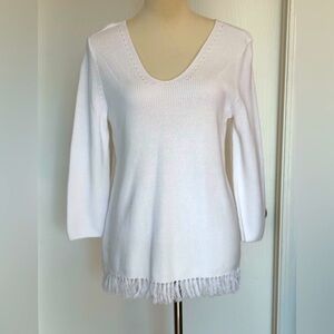 Talbots White Knit Sweater with Fringe Hem